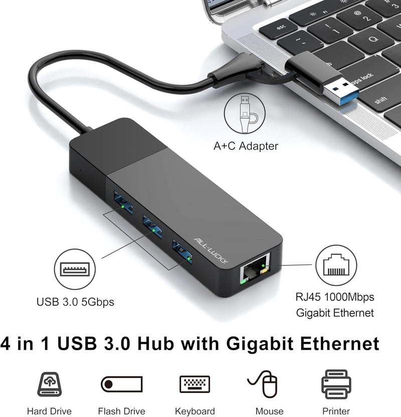 Allucky ALL-LUCKY USB to Ethernet Adapter, 4 in 1 USB C to Ethernet Adapter Hub with 3 x USB 3.0 Port/Gigabit Internet Port, High-Speed Network Hub Compatible for iMac,MacBook Pro，iPad Pro，XPS - Image 2
